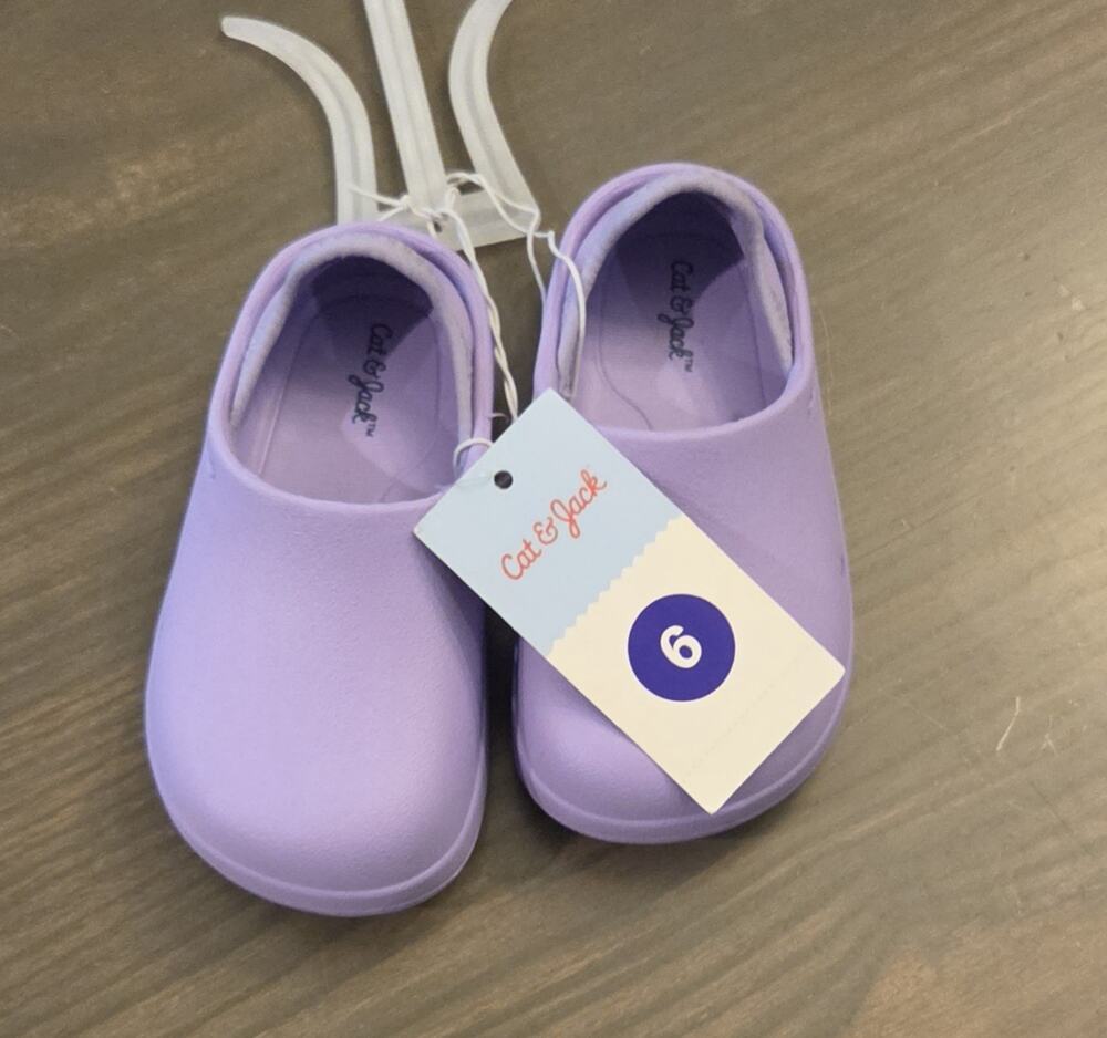 NWT. Child's Lavender Cat and Jack's Crocs. Size 6
